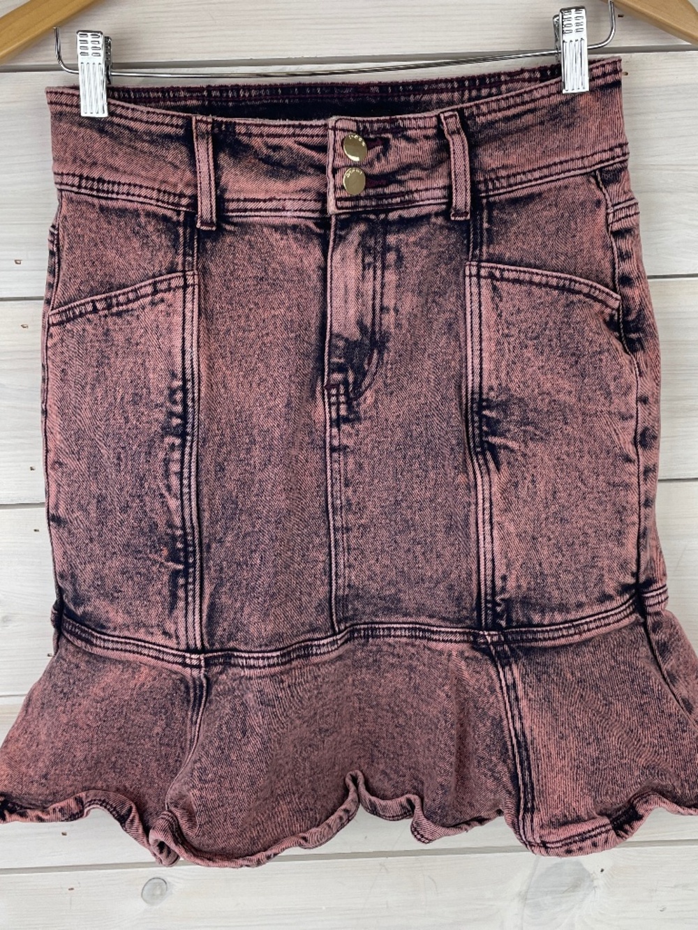 Vintage BeBe Pink Stonewashed Denim Jeans Mini Skirt Ruffle Hem